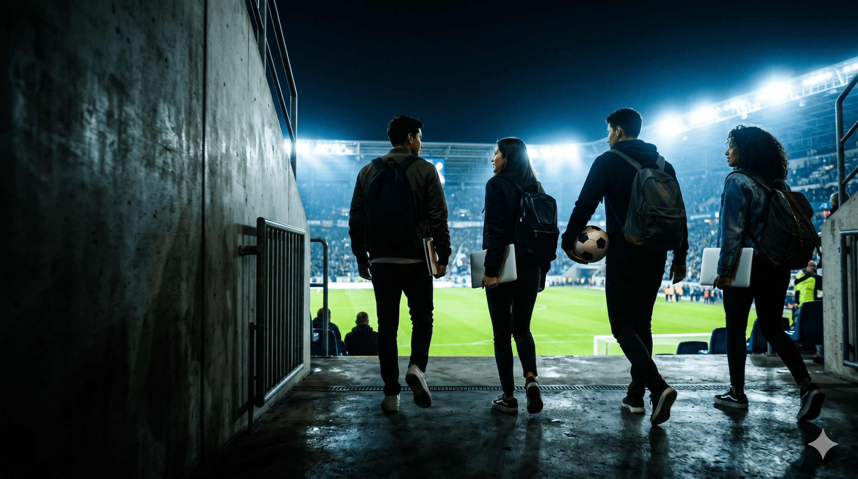 Fundadores entrando a un estadio con laptops y balón antes de un partido.